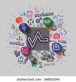 Graphic bar collage with icons background. Vector illustration