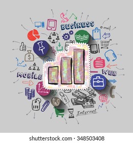Graphic bar collage with icons background. Vector illustration