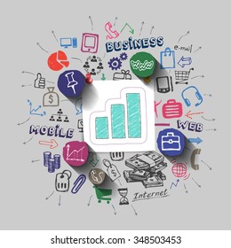 Graphic bar collage with icons background. Vector illustration
