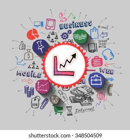 Graphic bar collage with icons background. Vector illustration