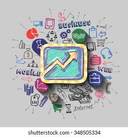 Graphic bar collage with icons background. Vector illustration