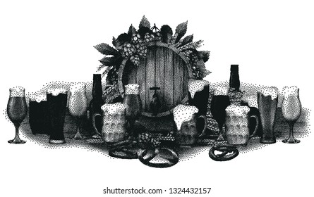 Graphic barrel of beer decorated with hops, malt bunch, different types of beer, bottle, pretzels and sausages. Vector oktoberfest design drawn in stippling technique