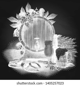 Graphic barrel of beer decorated with hops, malt bunch, two types of beer, brown bottle and pretzels. Vector oktoberfest design in stippling technique
