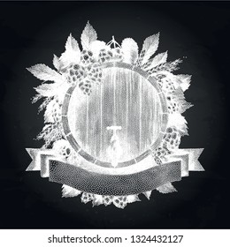 Graphic barrel of beer over the ribbon decorated with hops and malt. Vector oktoberfest design drawn in stippling technique