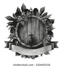Graphic barrel of beer over the ribbon decorated with hops and malt. Vector oktoberfest design drawn in stippling technique
