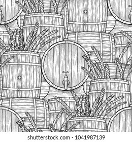 Graphic barrels of beer in the front and side views. Vintage vector seamless pattern drawn in engraving technique. Coloring book page