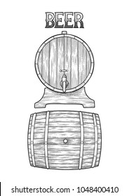 Graphic barrels of beer in the front and side views drawn in engraving technique. Vector elements isolated on white background. Coloring book page design