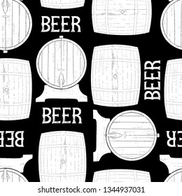 Graphic barrels of beer in the front and side views. Vintage vector seamless pattern drawn in engraving technique. Coloring book page