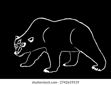 Graphic bear vector silhouette illustration isolated on background. Grizzly symbol. Big animal cartoon nature wildlife. Wild beast predator. Forest hunter. Kodiak bear line contour sketch.