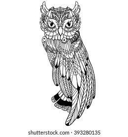Graphic beautiful owl with feathers (full body)
