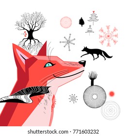 Graphic beautiful portrait of a red fox on a white background