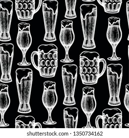 Graphic beer glasses of three different shapes. Vector seamless pattern drawn in engraving technique