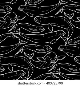 Graphic beluga whale seamless pattern. Sea creature on black background.  Vector ocean mammal