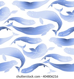 Graphic beluga whale seamless pattern. Sea creatures in blue colors.  Vector ocean mammal
