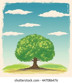 Graphic big tree on a background summer landscape with clouds in the sky.