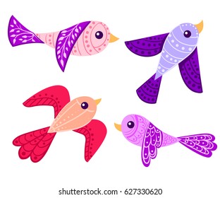 Graphic bird violet red pink with a pattern and to leaves Multi-colored Cute birds in vector. Cartoon set