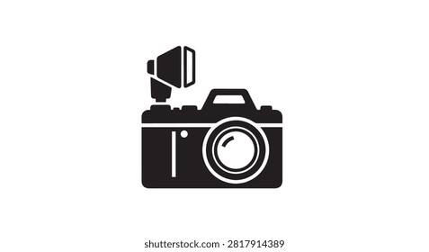 Graphic black camera icon featuring external flash and lens symbol