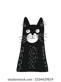 Graphic black cat in a cartoon illustration, doodle style, hand-drawn, on a white background