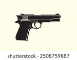 Graphic black detailed silhouette pistols, guns, rifles, submachines, revolvers and shotguns. Isolated on white background