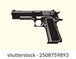 Graphic black detailed silhouette pistols, guns, rifles, submachines, revolvers and shotguns. Isolated on white background