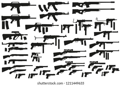 Graphic black detailed silhouette pistols, guns, rifles, submachines, revolvers and shotguns. Isolated on white background. Vector weapon and firearm icons set. Vol. 1