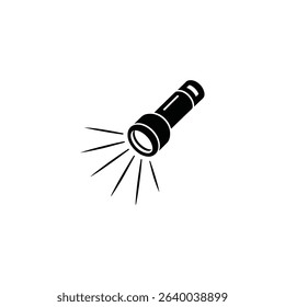 Graphic black flashlight icon on a plain white background. The flashlight emits stylized light rays, simple design used for safety, camping, or power outage.