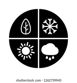 Graphic Black Flat Vector All Four Seasons Icon Isolated. Winter, Spring, Summer, Autumn - All Year Round Sign. Snow, Rain And Sun Symbols. 