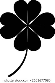 A graphic of a black four leaf clover with a stem isolated on a white background. The clover is simple and minimal, making it a versatile design element. It is lucky.