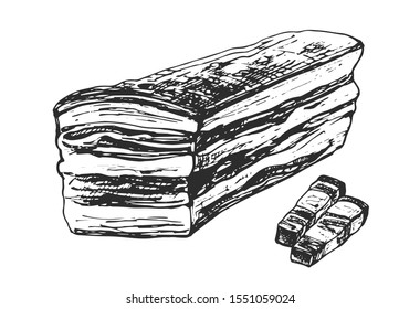 Graphic In Black Liner On A White Background, Vector Isolated Hand Drawing Lard, Fatty Bacon, Ham, Brisket, Meat Delicacy,