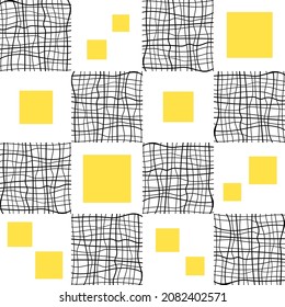 Graphic black lines and yellow squares simple minimalism. Seamless geometric pattern on a white background for fabric, packaging, bedding, cover.