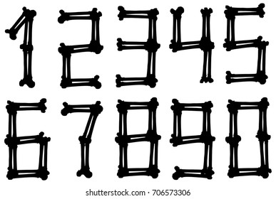 Graphic black silhouette bone numbers on white background vector set