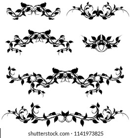 Graphic black silhouette floral rose branch with leaves and thorns. On white background. Vector icon set. Vol. 3