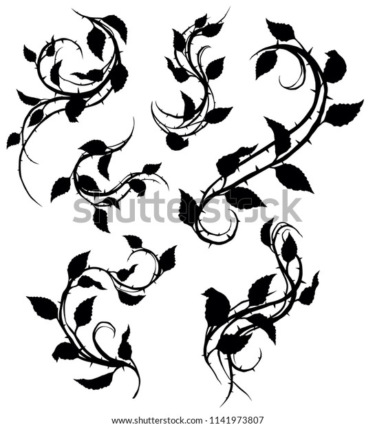Graphic black\
silhouette floral rose branch with leaves and thorns. On white\
background. Vector icon set. Vol.\
1