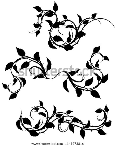 Graphic black\
silhouette floral rose branch with leaves and thorns. On white\
background. Vector icon set. Vol.\
2