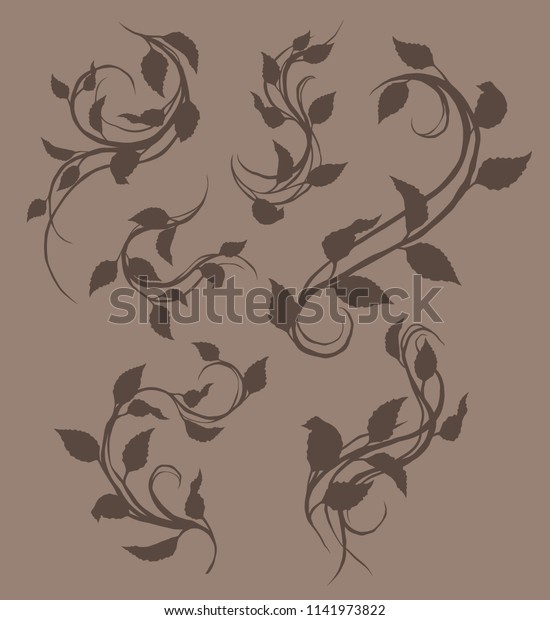 Graphic black silhouette\
floral rose branch with leaves. On brown background. Vector icon\
set.