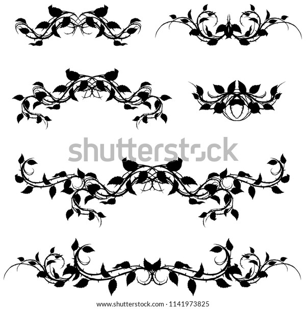 Graphic black\
silhouette floral rose branch with leaves and thorns. On white\
background. Vector icon set. Vol.\
3