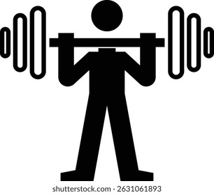 A graphic, black silhouette of a person lifting a barbell.