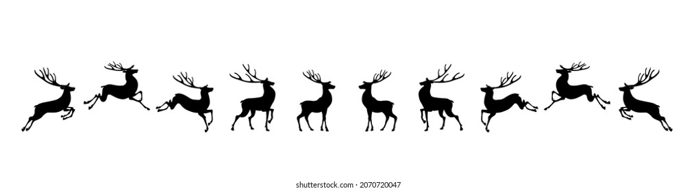 Graphic black silhouettes, set of wild deer on an isolated white background. Vector illustration.