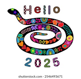 Graphic of black snake with various graphic element and style multicolor, with text hello and 2025 geometric pattern