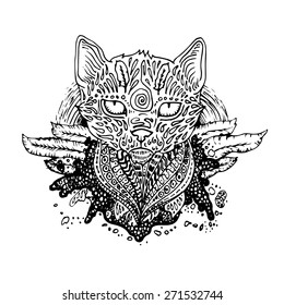Graphic black vector cat. Illustration for design of t-shirts, mugs, pens, logos and other things.