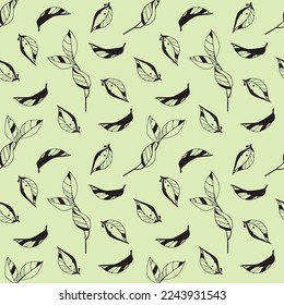 Graphic black vector seamless pattern with leaves on the green background.Texture for wrapping paper, fabrics, decor, banners.