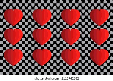 Graphic black and white background seamless pattern design with red heart paper art element.