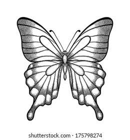 graphic black and white butterfly. Hand-drawn contour lines and strokes. one isolated on white