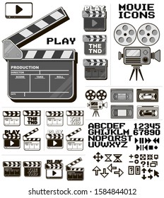 Graphic black and white cinema items, fonts and numbers. Movie clapper and video camera. VHS tape and play, pause symbols. Arrows and clock. Isolated on white background. Vector icon set.