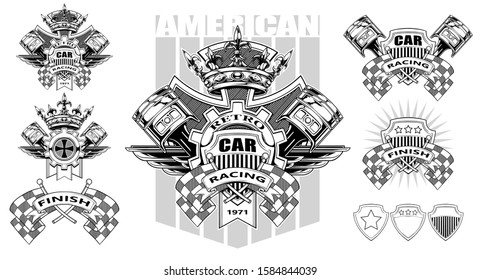 Graphic black and white coat of arms with crossed racing flag, pistons, royal diamond crown, gear and wings. Isolated on white background. Vector icon set.