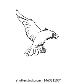 Graphic black and white crow isolated on white background. Old and wise bird. Raven Halloween character. Hand drawn sketch style vector illustration.