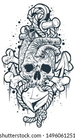 Graphic black and white detailed realistic human heart shaped skull with rope and anchor. Isolated on white background. Tattoo outline. Vector icon.