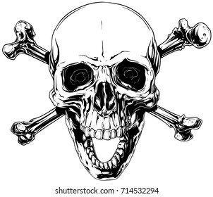 Graphic black and white detailed smiling human skull with crossed bones and open jaw vector