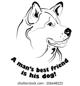 Graphic black and white dog face drawing with text.