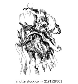 Graphic black and white drawing of dancing or hugging people. Abstract illustration. Psychedelic or psychological plot. Love and emotions.